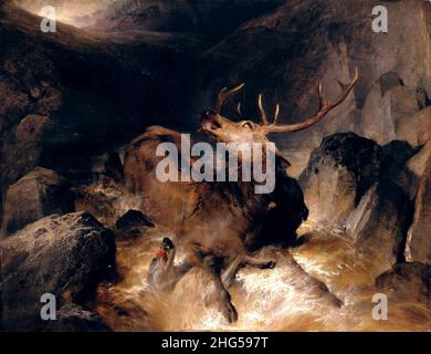 Hirsch- und Hirschhunde in einem Bergtorrent von Sir Edwin Henry Landseer (1802-1873), Öl auf Leinwand auf Holz, 1832 Stockfoto