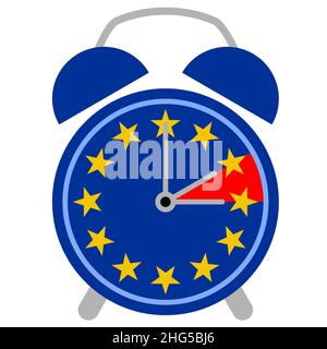 Illustration einer Retro-Uhr mit europäischer Flagge, die den Wechsel zwischen Sommer- und Winterzeit zeigt. Stockfoto