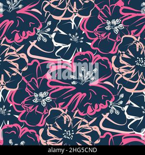 Moderne abstrakte wilde Wiese Blume nahtlose Vektor-Muster Hintergrund. Malerischer Hintergrund mit Kunstlino-Druck und überlappenden Blumen. Botanisch entspannt Stock Vektor