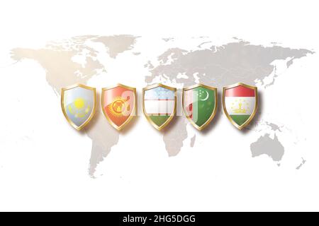 Zentralasiatische Länder Flagge in goldenem Schild auf kupferfarbenem Hintergrund. Kasachstan, Kirgisistan, Tadschikistan, Turkmenistan und Usbekistan. Stockfoto