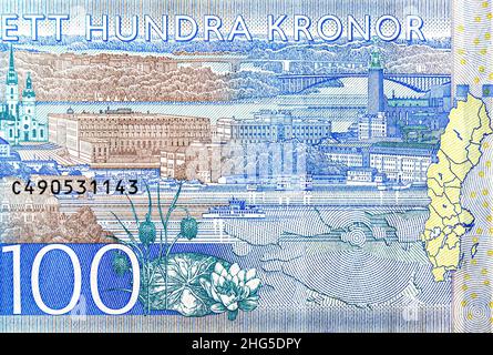 Stadtansicht von Stockholm aus 100 Kronor Schweden Banknote Nahaufnahme Stockfoto