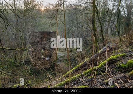 Überreste eines Maschinenhauses aus dem 18th. Jahrhundert in der Mandale Lead Mine, Lathkill Dale, Peak District National Park, Derbyshire, England Stockfoto