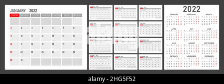 Kalender für 2022 auf weißem Hintergrund. Monatskalender für 2022. Die Woche beginnt am Sonntag Stock Vektor