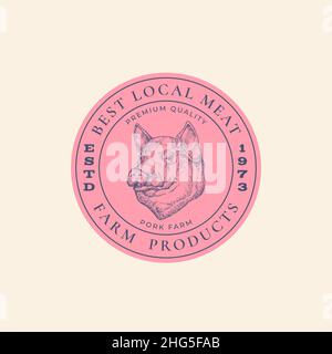 Best Local Meat Farm Retro Gerahmte Abzeichen oder Logo-Vorlage. Handgezeichnete Skizze für Schwein-Gesicht mit Retro-Typografie. Vintage Steaks Sketch Emblem Isoliert Stock Vektor
