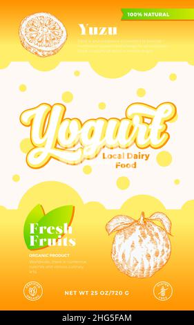 Obst und Beeren Joghurt Label Template. Abstract Vektor Dairy Packaging Design Layout. Modernes Typografie-Banner mit Blasen und handgezeichneter Yuzu Stock Vektor