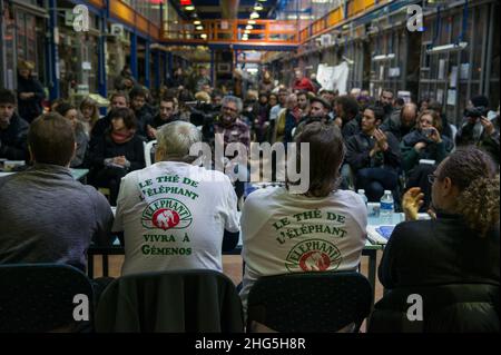 Gemenos, Bocche del Rodano, (Marsiglia), Frankreich 31/01/2014: Erstes europäisches Treffen in der besetzten Fabrik in Fralib. © Andrea Sabbadini Stockfoto