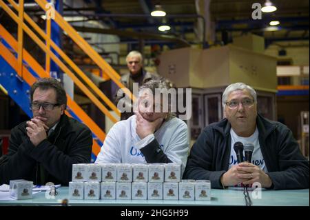 Gemenos, Bocche del Rodano, (Marsiglia), Frankreich 31/01/2014: Erstes europäisches Treffen in der besetzten Fabrik in Fralib. © Andrea Sabbadini Stockfoto