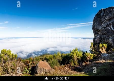 Blick über die Wolken im Berg Achada do Teixeira auf der Insel Madeira an einem Wintertag Stockfoto