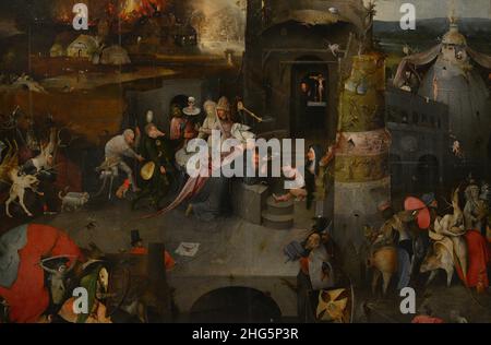 Hieronymus Bosch (1450-1516). Niederländischer Maler. Triptychon der Versuchungen des heiligen Antonius, 1498. Detail der zentralen Tafel, die die Versuchung des heiligen Athony darstellt. Nationalmuseum für Alte Kunst Lissabon, Portugal. Stockfoto