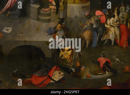 Hieronymus Bosch (1450-1516). Niederländischer Maler. Triptychon der Versuchungen des heiligen Antonius, 1498. Zentrale Konsole. Detail des unteren Teils, der die Versuchung des heiligen Antonius darstellt. Nationalmuseum für Alte Kunst Lissabon, Portugal. Stockfoto