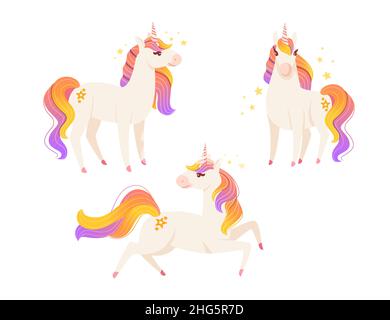 Set von magischen mythischen Tier aus Märchen Einhorn Cartoon Tier Design flache Vektor-Illustration isoliert auf weißem Hintergrund Stock Vektor