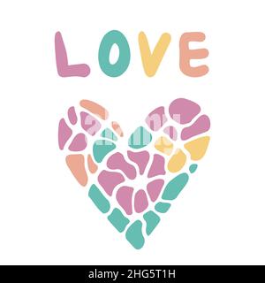 LIEBE handgezeichnete Schriftzüge und abstrakte neurografische Mosaik Herz. Poster, Karte, Einladung und Banner zum Valentinstag. Romantische helle Kinder Stil Vektor-Illustration. Stock Vektor