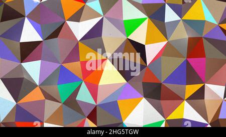 Grafisches, abstraktes und geometrisches Muster aus bunten Dreiecken auf texturiertem Papierhintergrund. Farbenfrohe abstrakte Komposition. Dreieckiger Hintergrund. Stockfoto