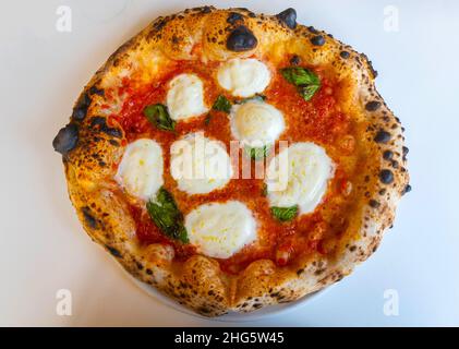 Pizza Margarita mit Tomatensauce, Basilikum und Büffelmozzarella Stockfoto