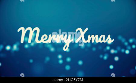 Fröhliche Christmass-Inschrift aus Neonbuchstaben auf blauem Hintergrund mit vielen unscharfen, runden Lichtern, Feier- und Winterurlaub-Konzept. Frohe Khr Stockfoto