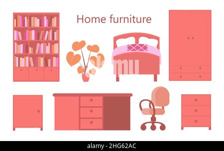 Set von Wohnmöbeln auf weißem Hintergrund. Bücherregal, Kleiderschrank, Bett, Tisch, Stuhl, Kommode und Zimmerpflanzen. Vektor isolierte flache illustrative Stock Vektor