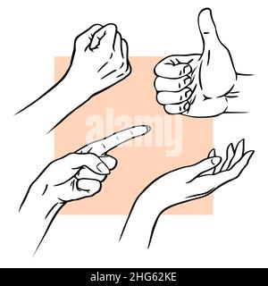 Eine Reihe von Skizzen von Händen auf weißem Hintergrund. Faustgesten, Zeigen, Fragen und Genehmigen. Vektorgrafik isoliert Stock Vektor