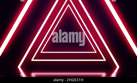 Ein Tunnel aus roten Neon-Dreiecken auf schwarzem Hintergrund. Abstrakte Neon-Dreiecke fliegen einen nach dem anderen Tunnel aus. Stockfoto