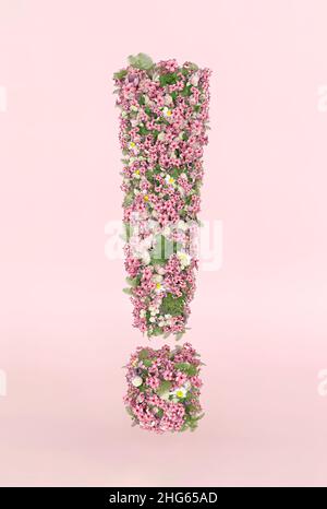 Kreatives Ausrufezeichen-Konzept aus frischen Frühlingsblumen. Blumenschriftkonzept auf pastellrosa Hintergrund.