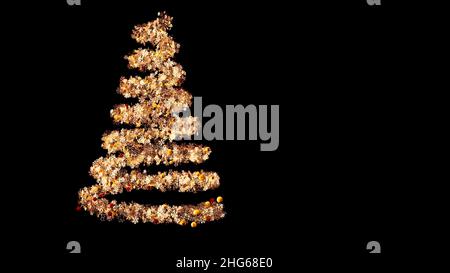 Goldene Lichter, die sich in Form eines abstrakten Weihnachtsbaums mit Kinderspielzeug und einer Girlande aus Schneeflocken spiralförmig aufragen. Drehbare Neujahrsfichte auf schwarzem Boden Stockfoto