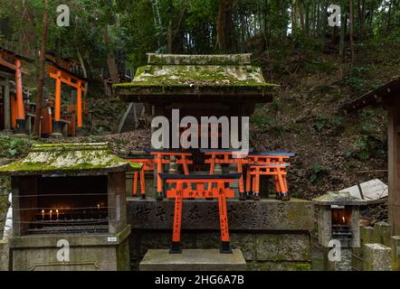 Ein Bild von einigen Miniatur-Torii-Toren am Fushimi Inari Taisha-Schrein. Stockfoto