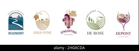 Wein, Weinberg, Bio-Naturweinlogo-Kollektion. Weinbergfeld und Trauben Symbole und Symbole Stock Vektor