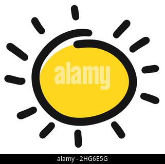 Lustige Skizze gelbe Sonne. Handgezeichnete Vektorgrafik. Skizzieren Sie einen einfachen Vektor Stock Vektor