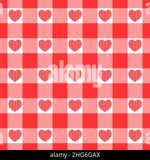 Kariertes Nahtloses Muster am Valentinstag mit gestreiften Herzen. Karierte Textur für Picknickdecke, Tischdecke, Karo. Stoff geometrischer Hintergrund, Retro-vichy-Design. Vektorgrafik flach Stock Vektor