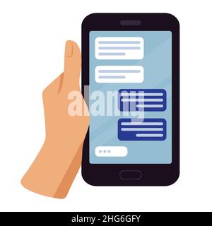 Hand halten Telefon mit Nachricht. Kommunikation über soziale Netzwerke, Stock Vektor