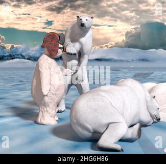 Schneemann mit niedlichen Bären. Genießen Sie den Winter - 3D Rendering Stockfoto
