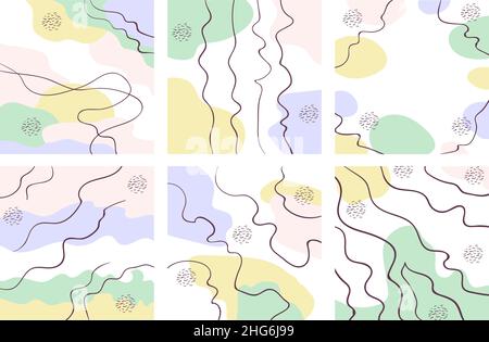 Abstrakter quadratischer Hintergrund in Pastellfarben mit geschwungenen Linien. Moderne geometrische Memphis-Textur. Stock Vektor