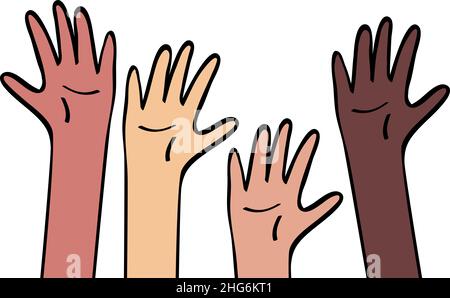 Erhöhte Hände unterschiedliche Hautfarbe. Gleichheit und Vielfalt, Rasseneinheit, internationales Gemeinschaftskonzept. Abbildung im flachen Catroon-Stil, farbig Stock Vektor
