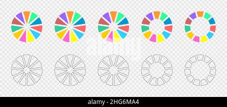 Donut-Diagramme eingestellt. Infografik-Räder in 11 mehrfarbige und grafische Abschnitte unterteilt. Kreisdiagramme oder Ladeleisten. Runde Formen, die in elf gleiche Teile geschnitten werden. Vektorgrafik flach und Umrissdarstellung. Stock Vektor