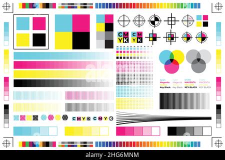 Abbildung zur CMCMCMY-Druckkalibrierung mit Offset-Druckmarken und Farbtest Stock Vektor
