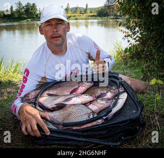 Weichsel Feeder Angeln in Krakau. Wunderschöne Flussbrasse. Großer Fisch, der mit einer Angelrute gefangen wird. Im Hintergrund gibt es einen schönen großen Fluss - Th Stockfoto