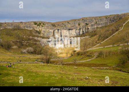 Malham Cove ist eine riesige, geschwungene, Amphitheater-förmige Felsformation aus Kalkstein. Die senkrechte Seite der Klippe ist etwa 260 Meter hoch. Stockfoto