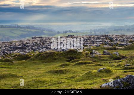 Malham Cove ist eine riesige, geschwungene, Amphitheater-förmige Felsformation aus Kalkstein. Die senkrechte Seite der Klippe ist etwa 260 Meter hoch. Stockfoto