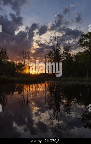 Sonnenaufgang auf einem Wildnissee im Norden von Wisconsin. Stockfoto