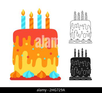 Geburtstagstorte Cartoon oder Stempel, Doodle Outline Set. Geburtstag köstliche Dessert, Party Überraschung Urlaub feiern. Kinder-Design für Stoff, Textil, Schablone Fleck Print. Einladung lecker Symbol Vektor Stock Vektor