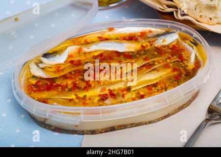 Hering konserviert in einem Kunststoffbehälter Stockfoto