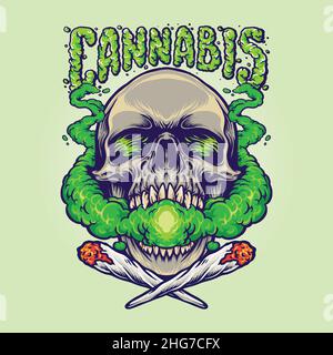 Schädel Kopf Cannabis Wolken Rauchen Marihuana Vektor-Illustrationen für Ihre Arbeit Logo, Maskottchen Merchandise T-Shirt, Aufkleber und Label-Designs, Poster Stock Vektor