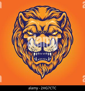 Angry Lion Head Mascot Logo isolierte Vektor-Illustrationen für Ihre Arbeit Logo, Maskottchen Merchandise T-Shirt, Aufkleber und Label-Designs, Poster Stock Vektor