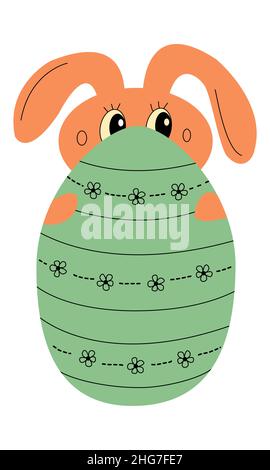 Niedlicher osterhase, der sich hinter einem verzierten Ei versteckt. Lustige Kaninchen ostern Feier Element für Poster, Karte, Einladung Stock Vektor