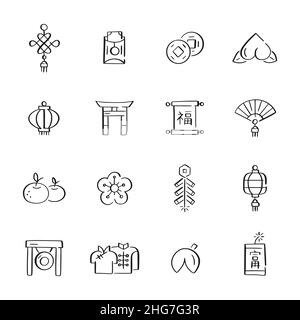 Chinesische Neujahr Doodle Stil Symbole gesetzt. Mondfrühlingsfeste Symbole. Laternen, Kirschblüten, Pfirsich, Grüße und Wünsche. Stock Vektor