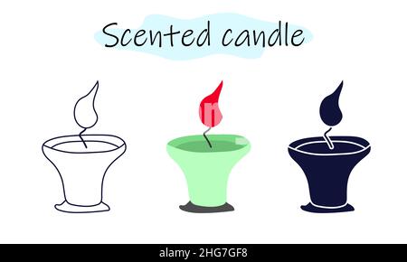 Eine aromatische Kerze in Form einer Tasse mit brennender Flamme. Vektor-Illustration in Farbe, linear und einfarbig auf weißem Hintergrund. Stock Vektor