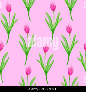 Aquarell von Hand gezeichnetes nahtloses Muster mit rosa Tulpenblüten grünen Blättern auf fuchsiafarbenem Hintergrund in Pastellfarben. Frühlingsdesign im Cartoon-Stil für Einladungskarten aus Textilpapier Stockfoto