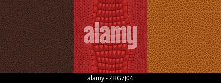 Texturen aus Schlangen- und Krokodilhaut. Hintergründe mit Wildtierlederdruck. Vektor nahtlose Muster Satz von Luxus-Mode-Material aus Reptilien Haut Stock Vektor