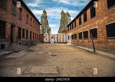 Hinrichtungsmauer Innenhof, Konzentrationslager Auschwitz-Birkenau Polen Stockfoto