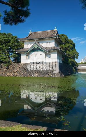 Der Kikyo-bori-Graben wuchs mit Wasserpflanzen um das Tokyo herum Außenwand des Kaiserpalastes mit der Edojo Sakurada Tatsumi Yagura Wachturm am Stockfoto