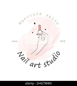 Maniküre Logo Vorlage für Nail Art Studio. Modernes Design für Beauty- und Spa-Center. Lineare Illustration isoliert auf rosa Aquarellhintergrund Stock Vektor